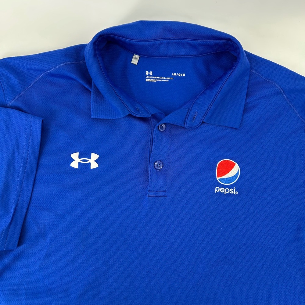 Under Armour Polo Shirt Mens Large Blue Pepsi Logo Performance Short Sleeve
